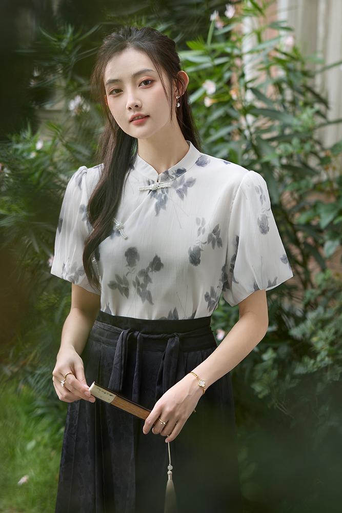 新中式國風珍珠盤扣 水墨印花立領花苞袖襯衫短袖上衣女夏新