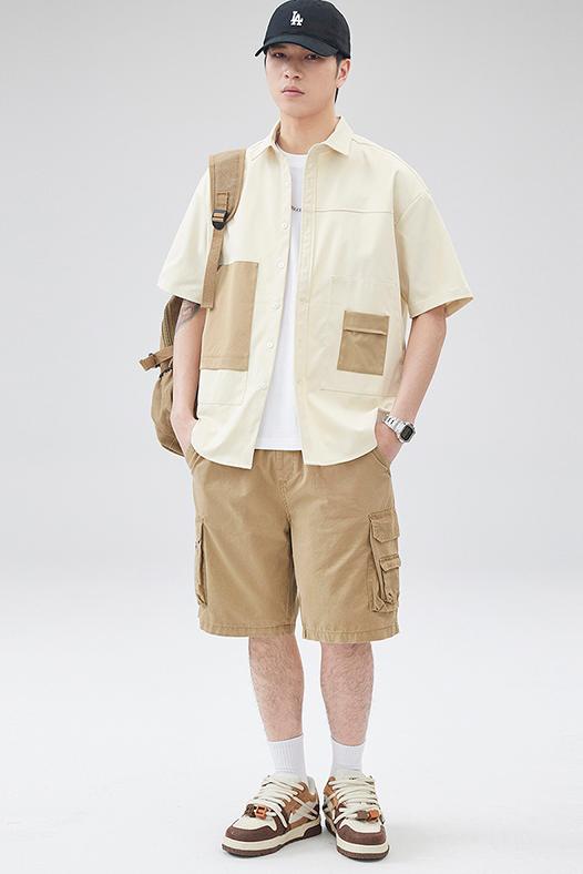 實拍2024夏季新款潮牌撞色拼接短袖襯衫男百搭潮流寬松冰感襯衣
