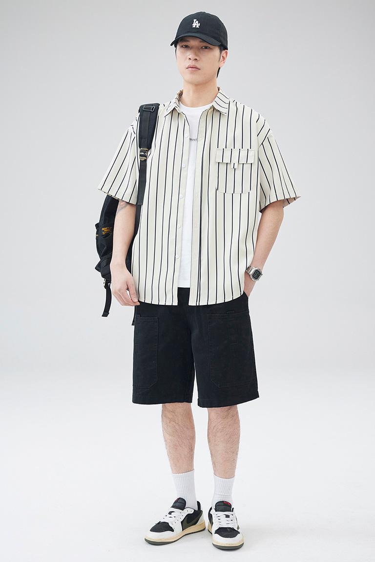 實拍2024夏季新款潮牌條紋短袖襯衫男百搭潮流寬松休閑冰感襯衣
