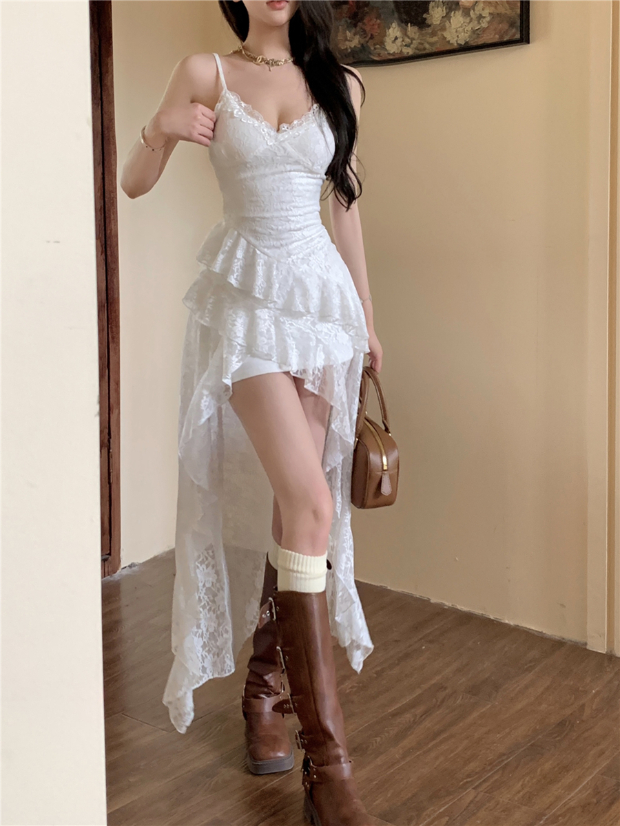 實拍性感V領收腰顯瘦不規則蕾絲吊帶裙包臀裙連衣裙女