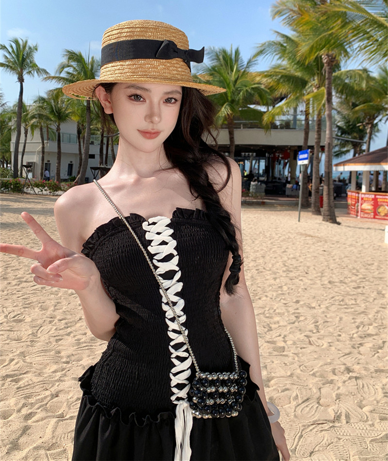 越南辣妹 連衣裙出游拍照黑色胸口綁帶打攬高級感抹胸裙ins