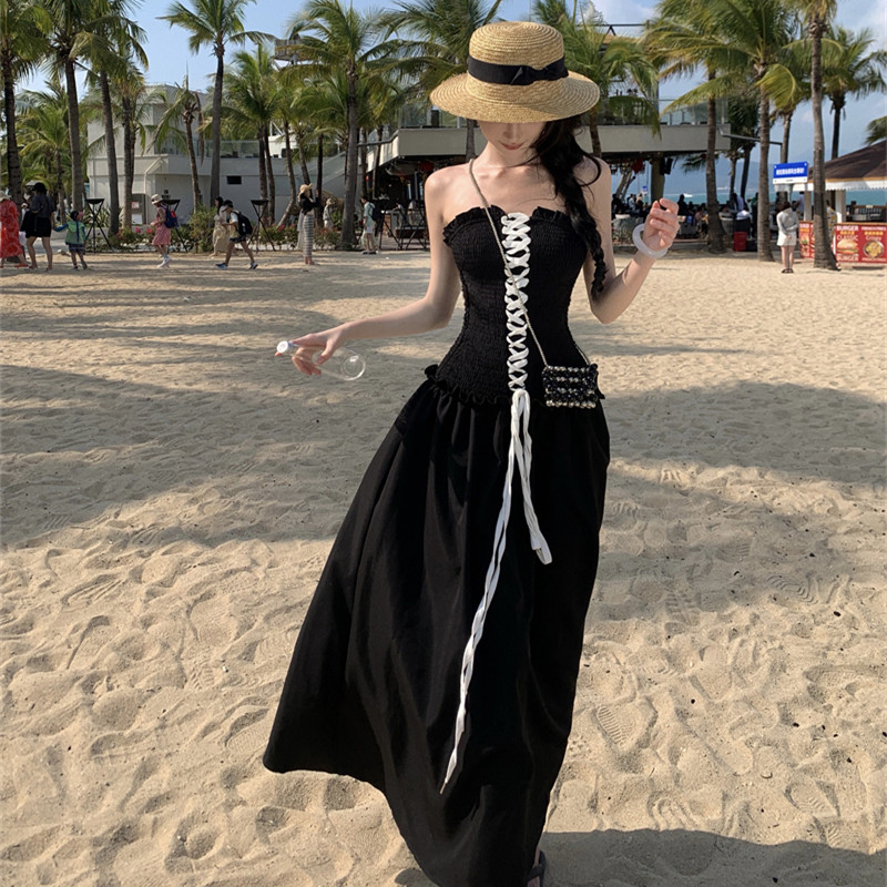 越南辣妹 連衣裙出游拍照黑色胸口綁帶打攬高級感抹胸裙ins