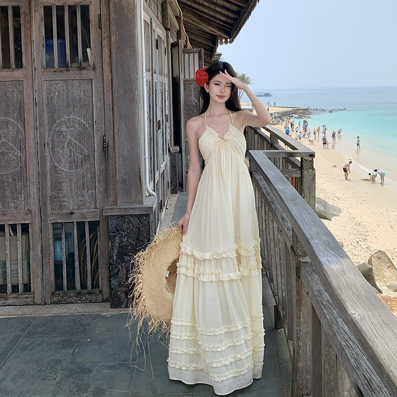 法式蝴蝶結吊帶掛脖連衣裙女夏季寬松氣質甜美風小個子短款蛋糕裙