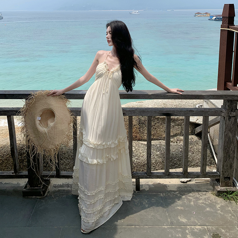 法式蝴蝶結吊帶掛脖連衣裙女夏季寬松氣質甜美風小個子短款蛋糕裙