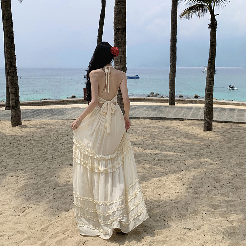 法式蝴蝶結吊帶掛脖連衣裙女夏季寬松氣質甜美風小個子短款蛋糕裙
