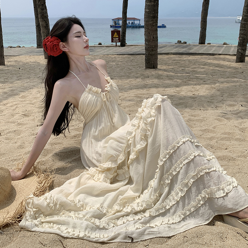 法式蝴蝶結吊帶掛脖連衣裙女夏季寬松氣質甜美風小個子短款蛋糕裙