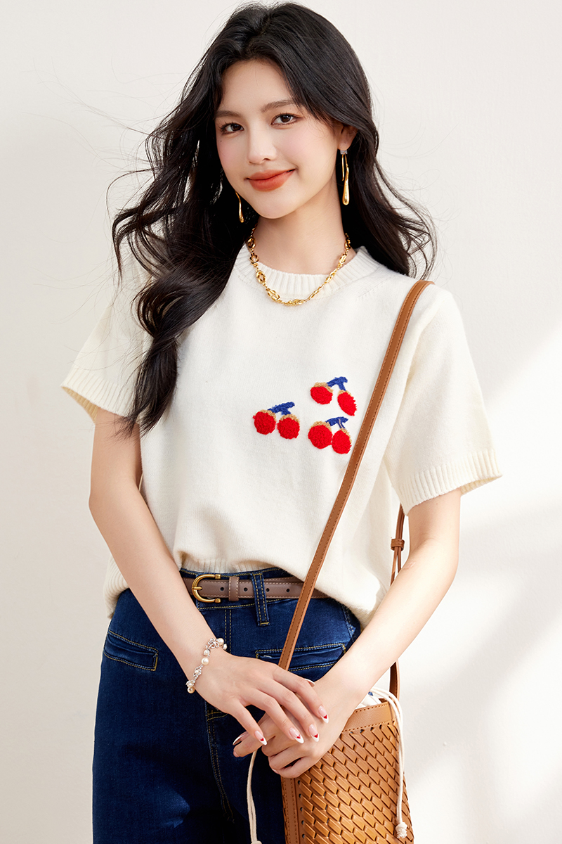 實拍◆◆紅色櫻桃短袖毛衣女夏季設計感小眾小香風針織衫上衣