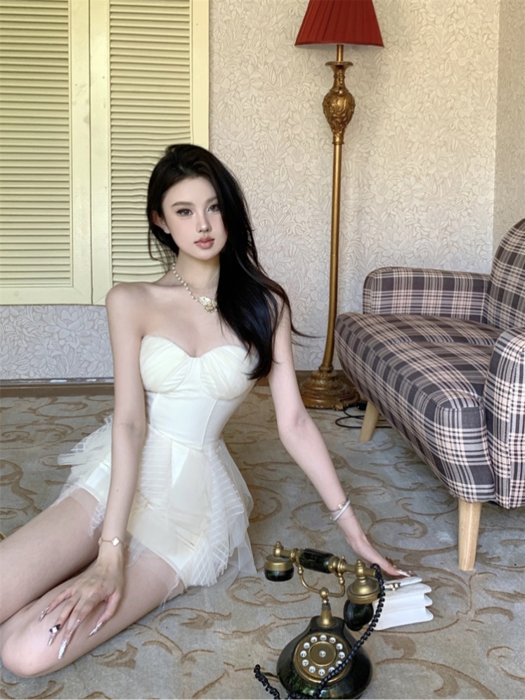 實拍實價  網紗拼接抹胸禮服連衣裙包臀裙短款