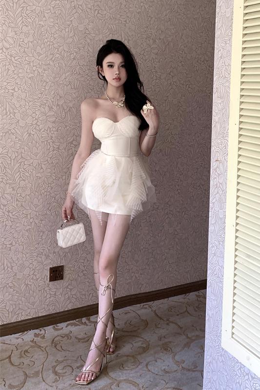 實拍實價  網紗拼接抹胸禮服連衣裙包臀裙短款