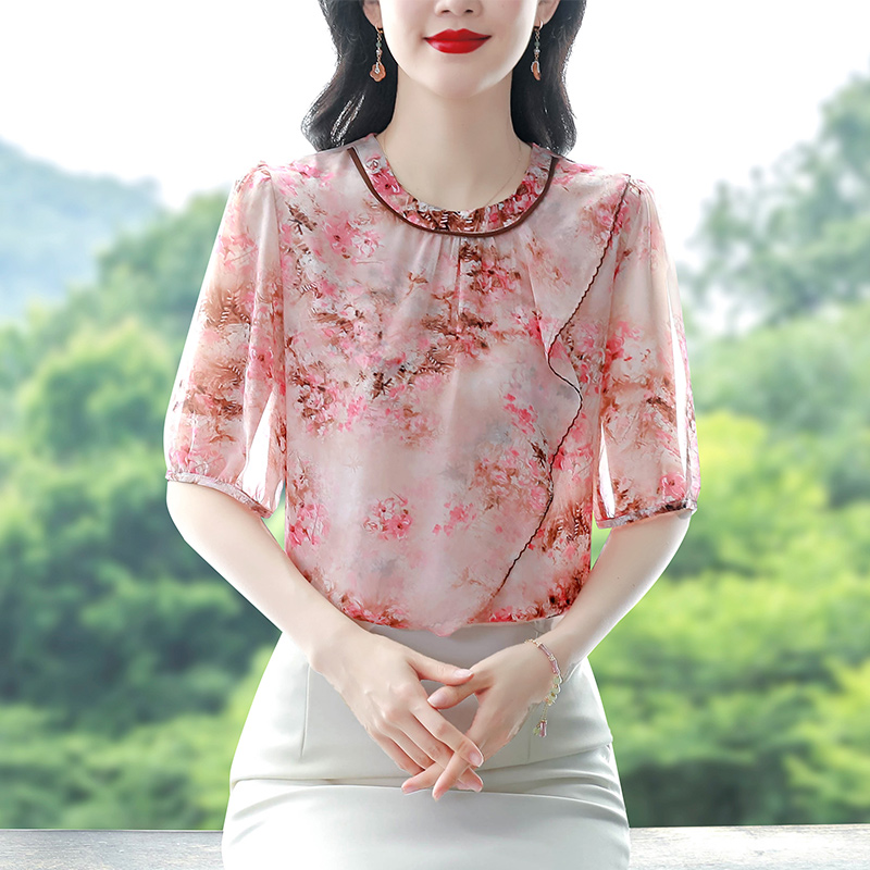 2026夏季新款大碼女裝時尚印花雪紡上衣遮肚子顯瘦襯衫圓領小衫