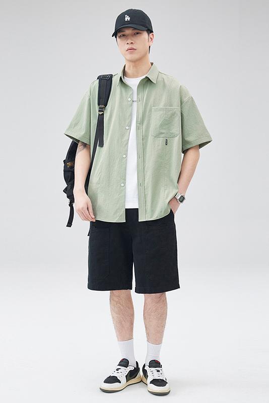 實拍2024夏季新款冰絲短袖襯衫男百搭潮流簡約寬松冰感襯衣