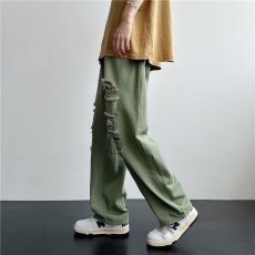 批发实拍高腰复古绿色美式破洞牛仔裤男女夏季新款设计感直筒休闲裤子