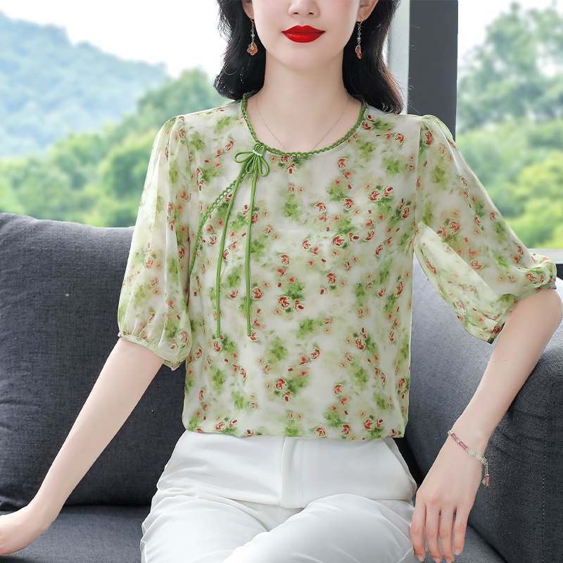 2025夏季新款大碼女裝真絲印花上衣圓領花邊襯衫盤扣改良國風小衫