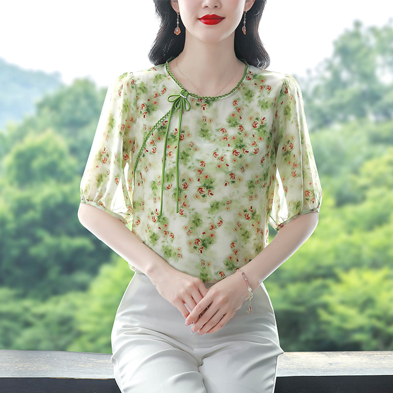 2024夏季新款大碼女裝真絲印花上衣圓領花邊襯衫寬松遮肚子小衫