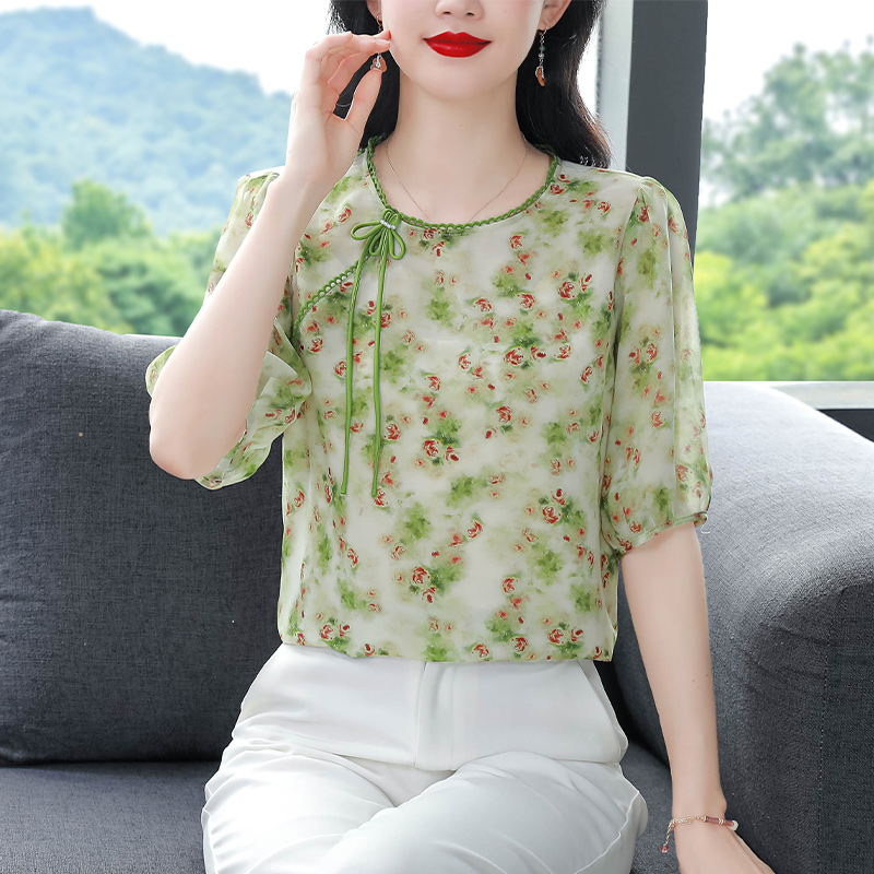 2024夏季新款大碼女裝真絲印花上衣圓領花邊襯衫寬松遮肚子小衫