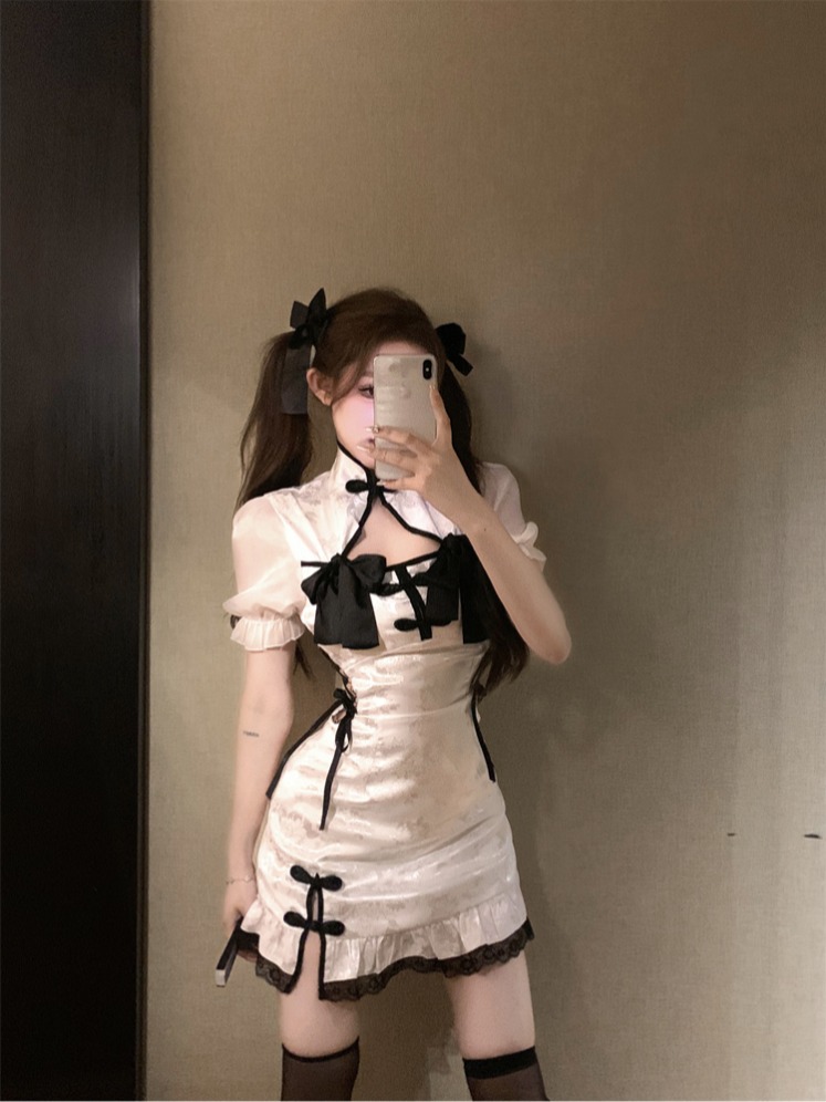 實拍實價  辣妹國風露腰修身旗袍連衣裙短款