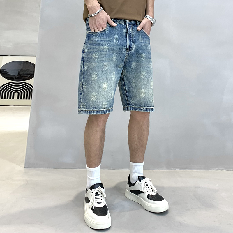 實拍品質印花牛仔短褲男夏季新款寬松個性百搭潮牌韓版五分褲子