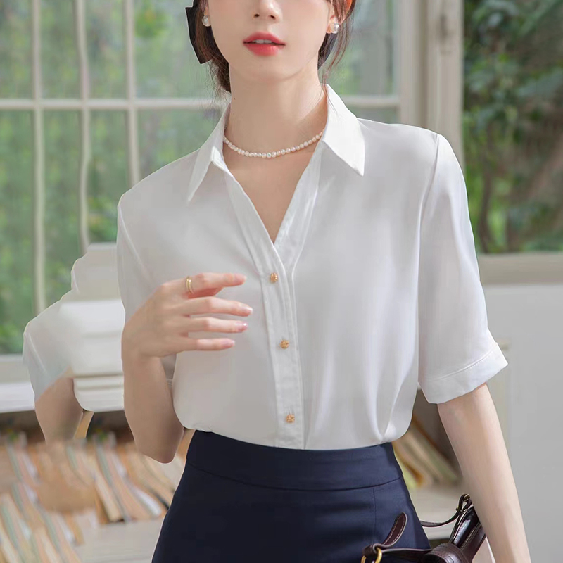 網圖襯衫女短袖薄款V領藍色中袖職業裝面試正裝女套裝襯衣工作服