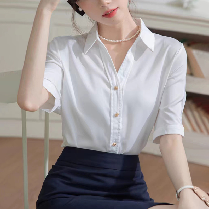 網圖襯衫女短袖薄款V領藍色中袖職業裝面試正裝女套裝襯衣工作服