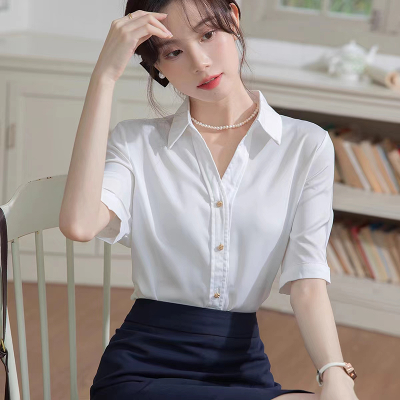 網圖襯衫女短袖薄款V領藍色中袖職業裝面試正裝女套裝襯衣工作服