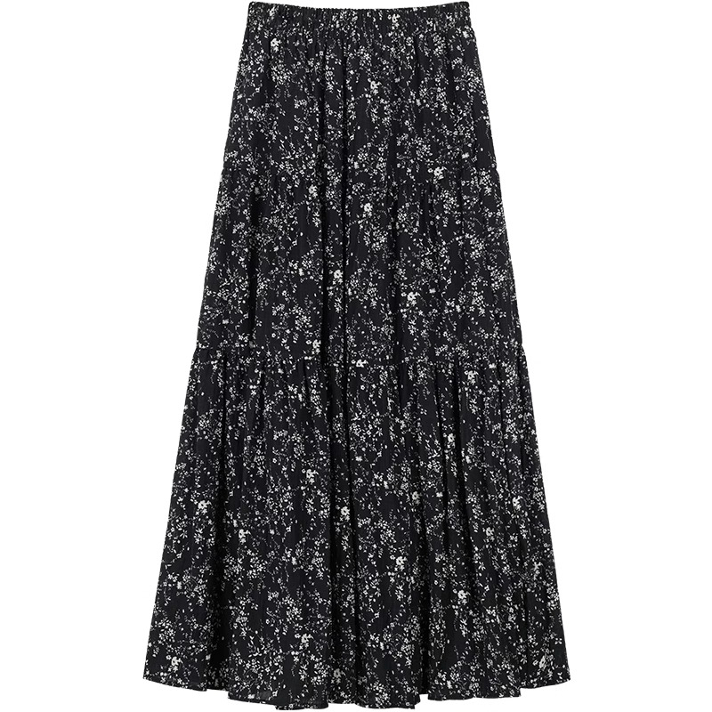 Lined French floral skirt A-line large hem umbrella skirt for women summer retro high-waist drape slim pleated skirt