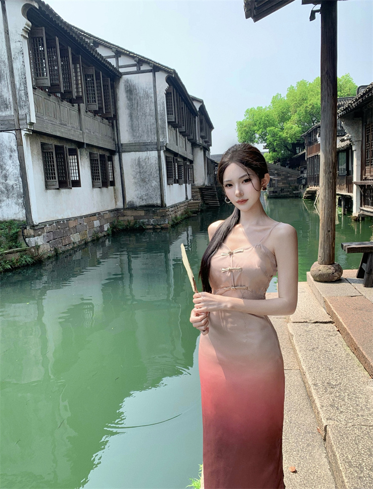 實拍實價  復古國風漸變盤扣修身顯瘦吊帶改良旗袍連衣裙側開叉
