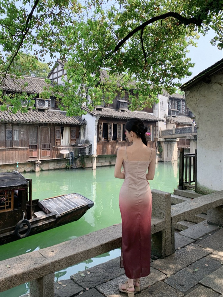 實拍實價  復古國風漸變盤扣修身顯瘦吊帶改良旗袍連衣裙側開叉