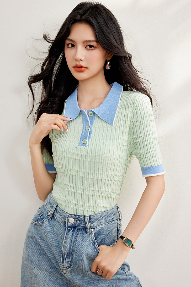 實拍◆◆2026夏季奶昔綠POLO衫翻領拼色針織短袖T恤女上衣