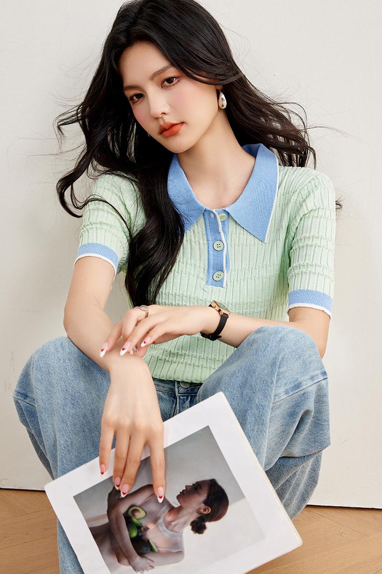 實拍◆◆2026夏季奶昔綠POLO衫翻領拼色針織短袖T恤女上衣