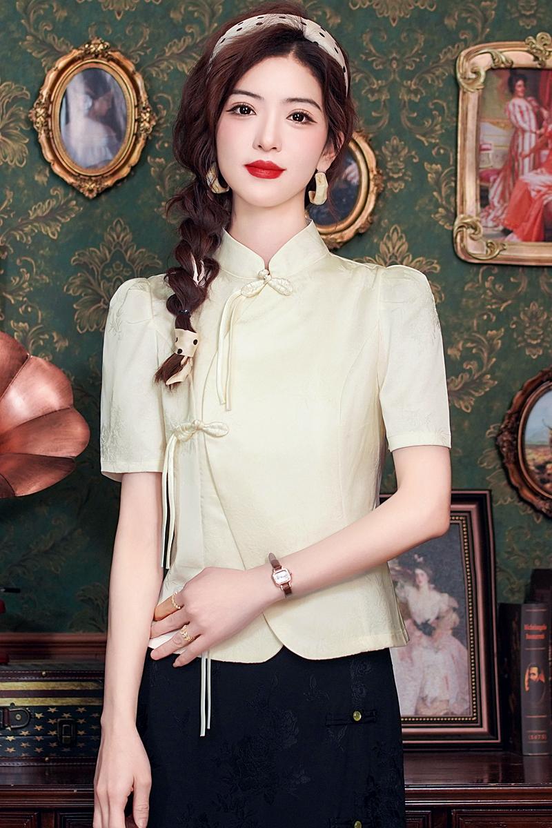 立領泡泡袖襯衫女夏季短袖設計感小眾提花新中式復古盤扣女上衣