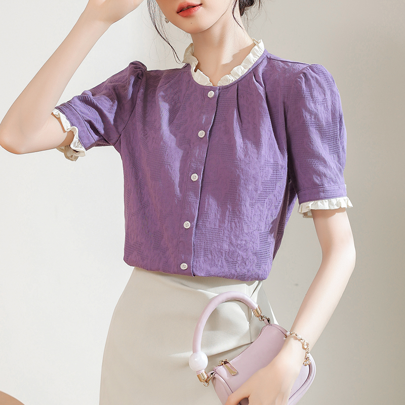 法式木耳邊襯衫女短袖2026夏季新款通勤風肌理感紫色襯衣上衣