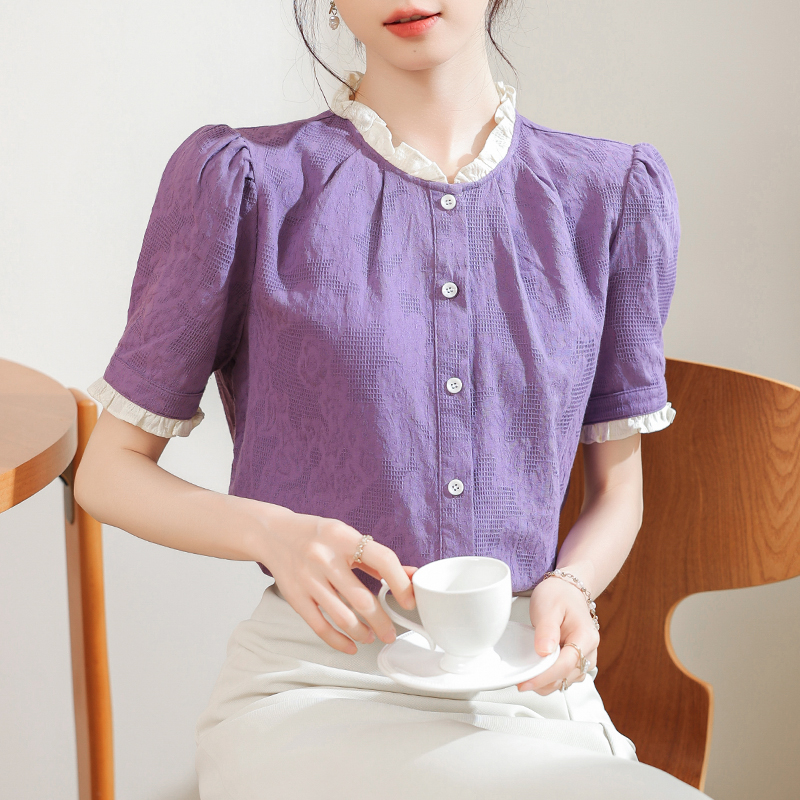 法式木耳邊襯衫女短袖2026夏季新款通勤風肌理感紫色襯衣上衣