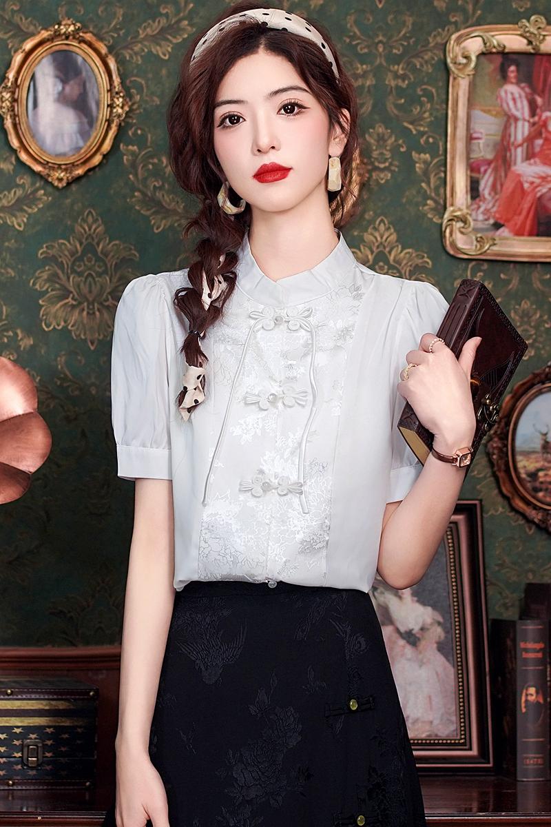 2026夏季提花拼接短袖襯衣新中式襯衫國風漢元素改良漢服女款上衣