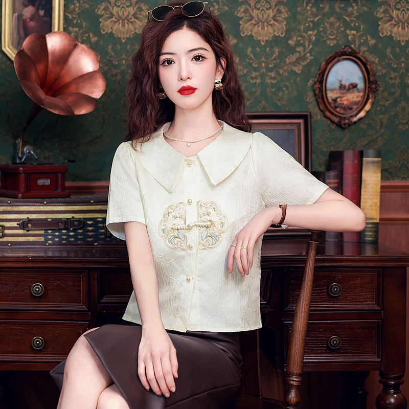 2026新中式刺繡雪紡襯衫女裝短袖夏季新款小個子上衣國風小衫短款