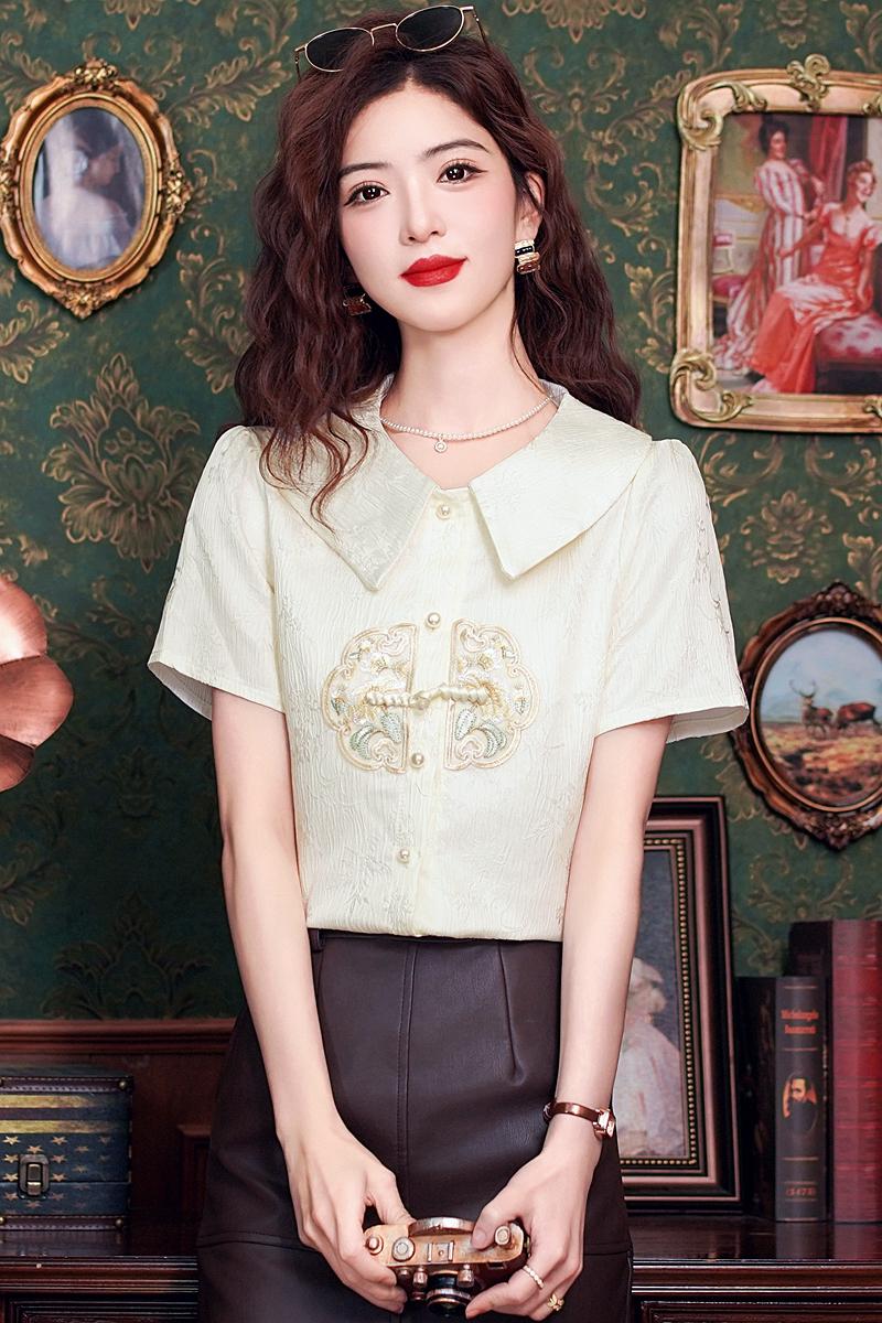 2026新中式刺繡雪紡襯衫女裝短袖夏季新款小個子上衣國風小衫短款