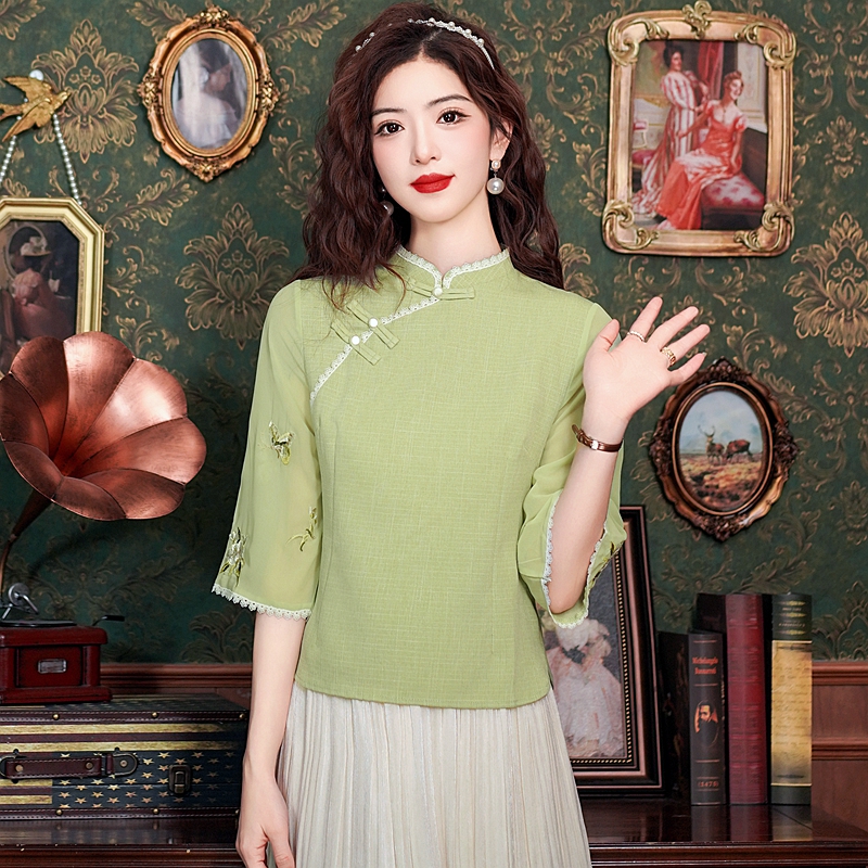 民國風女修身旗袍上衣薄款漢元素日常夏日漢服文藝氣質唐裝茶藝服