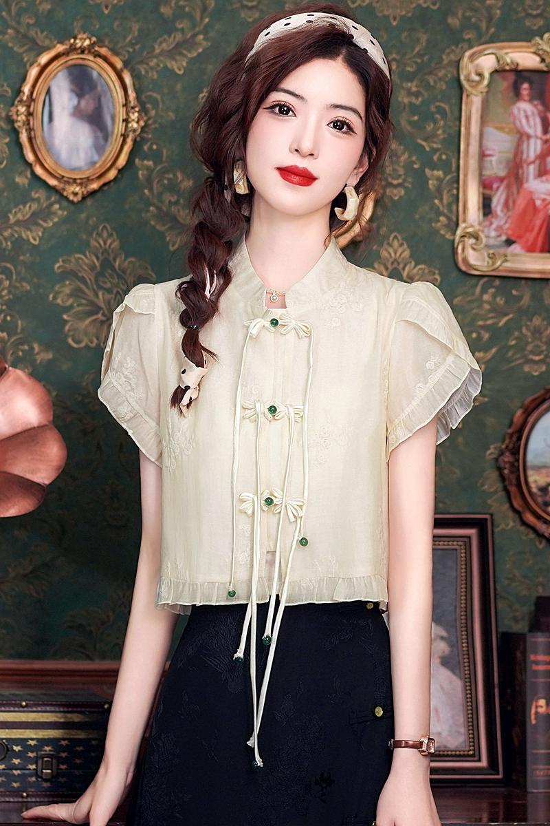 國風少女鹽系上衣女夏2026新款新中式盤扣上衣刺繡短袖襯衫