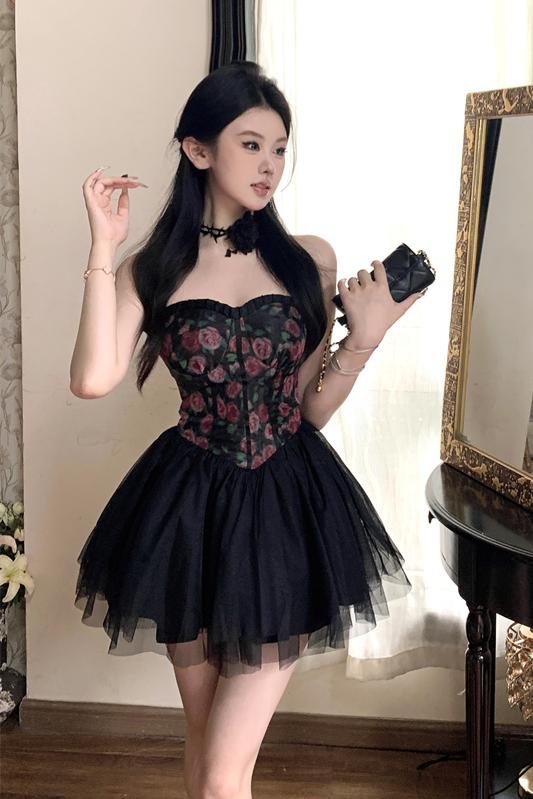 實拍實價  木耳邊碎花拼接收腰顯瘦蓬蓬公主裙短款抹胸型短款