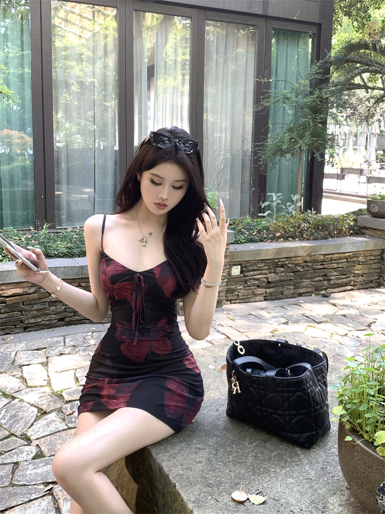實拍實價  蝴蝶印花網紗連衣裙短款修身