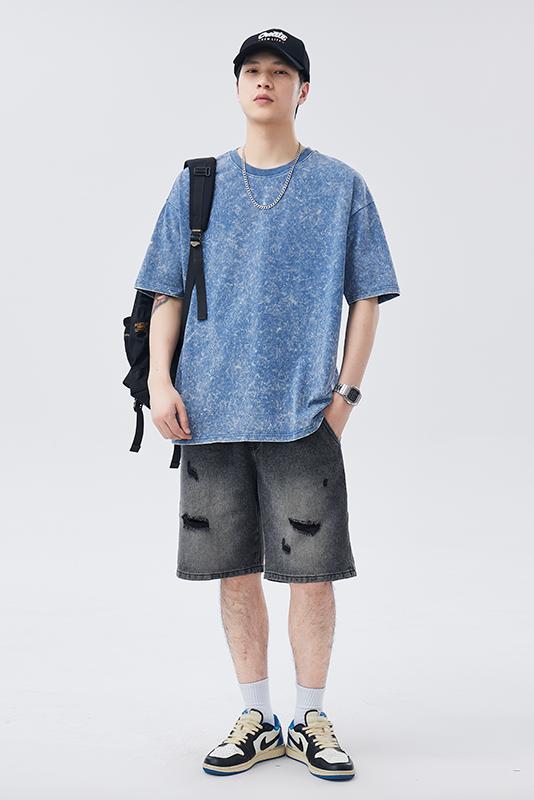 實拍夏季新款潮牌洗水復古短袖T恤男圓領寬松百搭做舊男裝冰感t恤