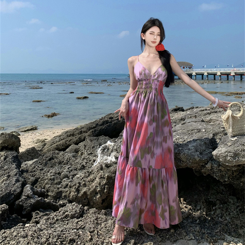 2024新款女裝性感氣質露背系帶印花吊帶連衣裙