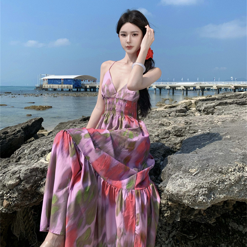 2024新款女裝性感氣質露背系帶印花吊帶連衣裙