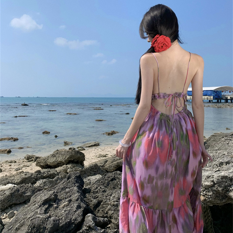 2024新款女裝性感氣質露背系帶印花吊帶連衣裙