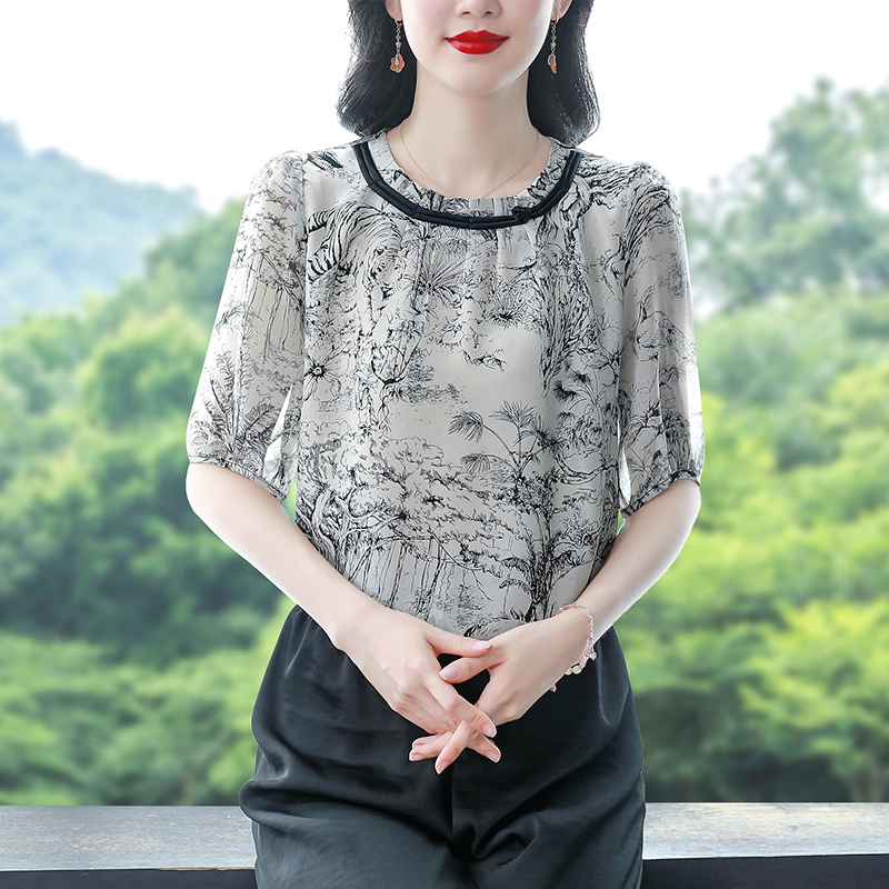 2026圓領上衣短袖襯衫設計感大碼女裝水墨花寬松套頭小衫