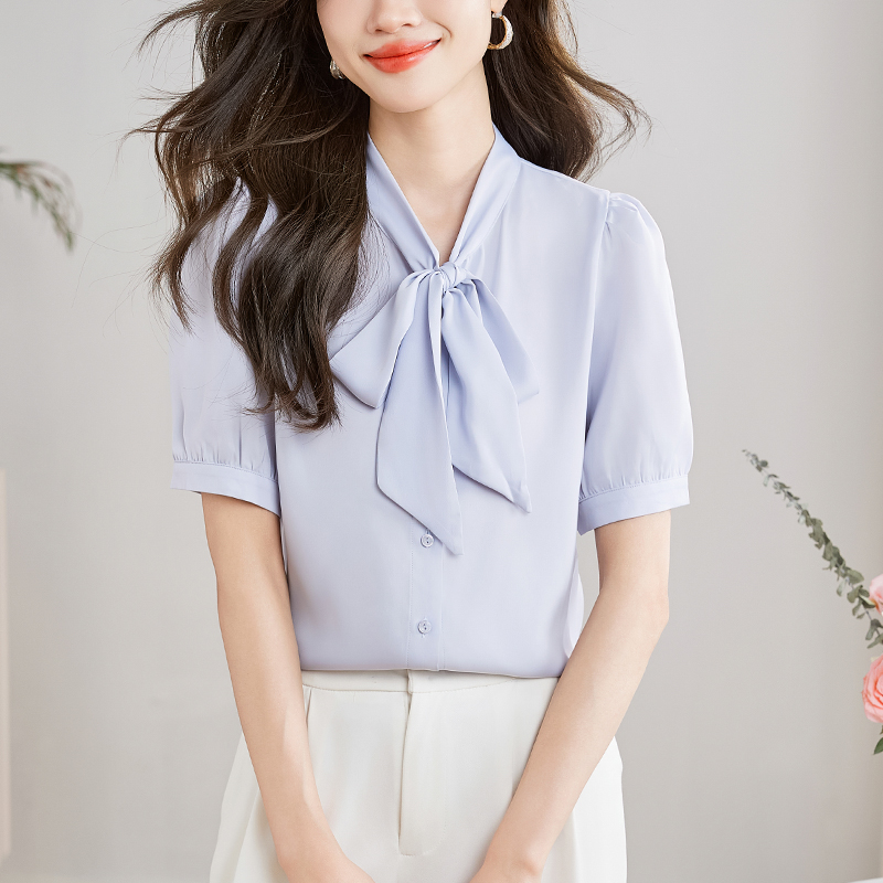 白色緞面飄帶襯衫女短袖夏季設計感小眾港風通勤職業上衣百搭系帶