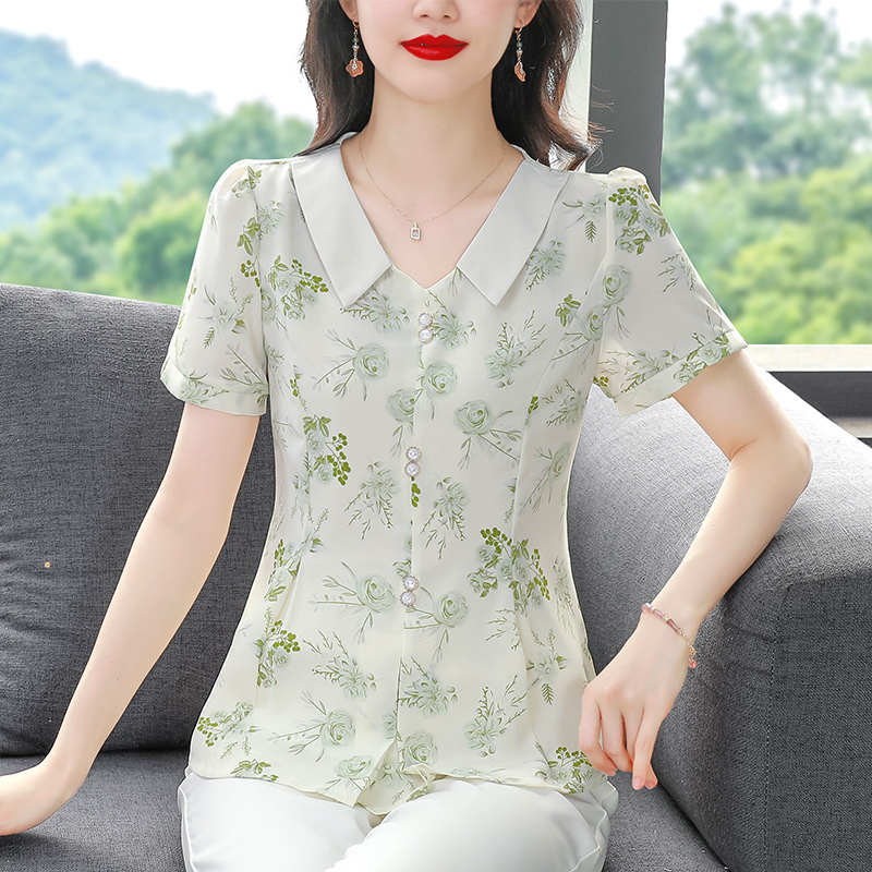 娃娃領印花雪紡衫女夏季2024年新款法式洋氣媽媽上衣收腰裙擺小衫