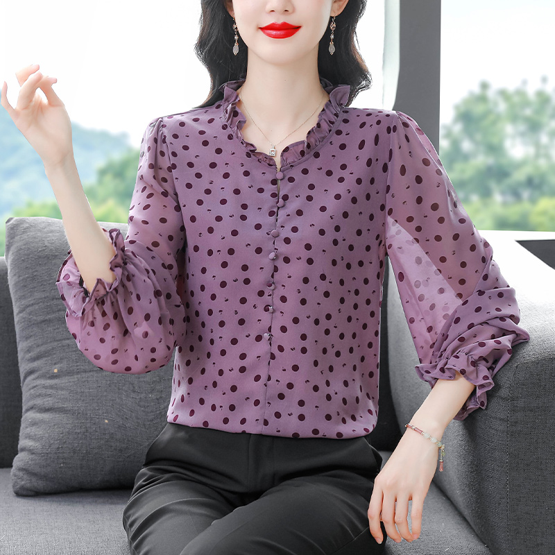 2025新款夏季時尚洋氣高端媽媽裝印花圓領寬松遮肉雪紡衫女波點