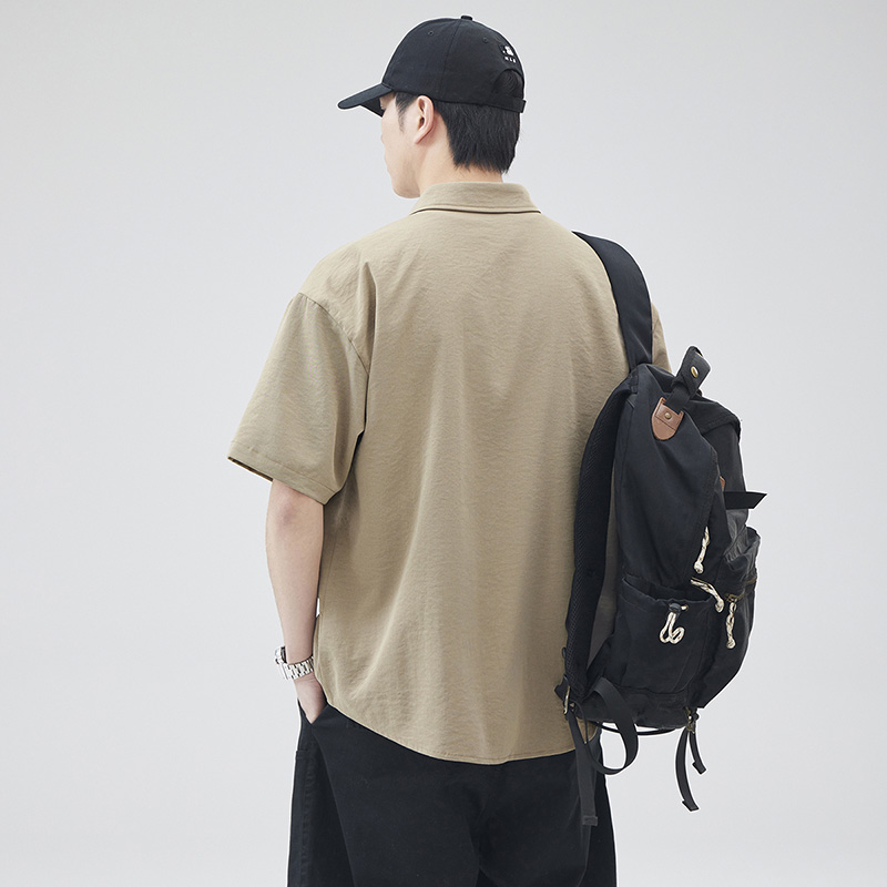 實拍夏季新款休閑短袖襯衫男日系百搭潮流寬松小清新拼接撞色襯衣