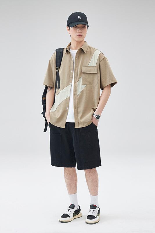 實拍夏季新款休閑短袖襯衫男日系百搭潮流寬松小清新拼接撞色襯衣