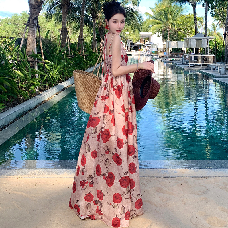 實拍夏季 新款法式高級感印花吊帶連衣裙度假長裙